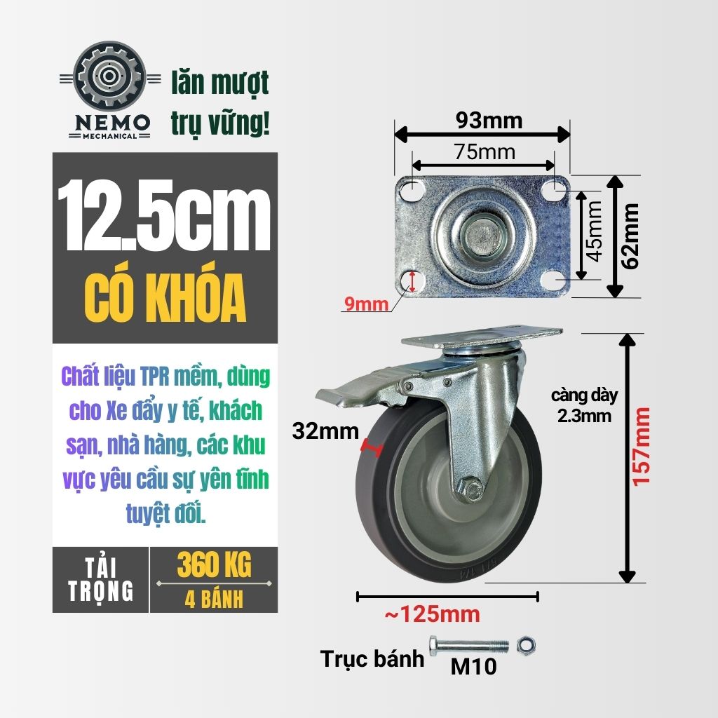 Bánh Xe Cao Su TPR Xám – Giảm Ồn, Bảo Vệ Sàn Tuyệt Đối (D75, D100, D125)